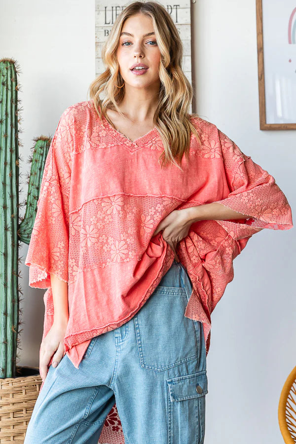 OLI & HALI Lace Mix Media Short Sleeve Frayed Hem Boxy Top Tomato