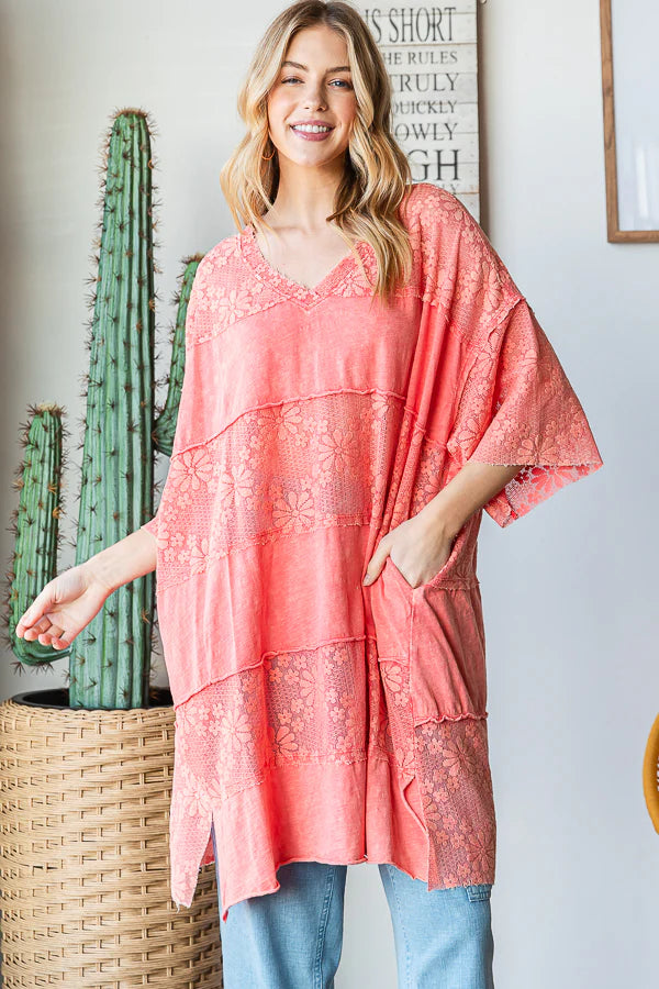OLI & HALI Lace Mix Media Short Sleeve Frayed Hem Boxy Top Tomato