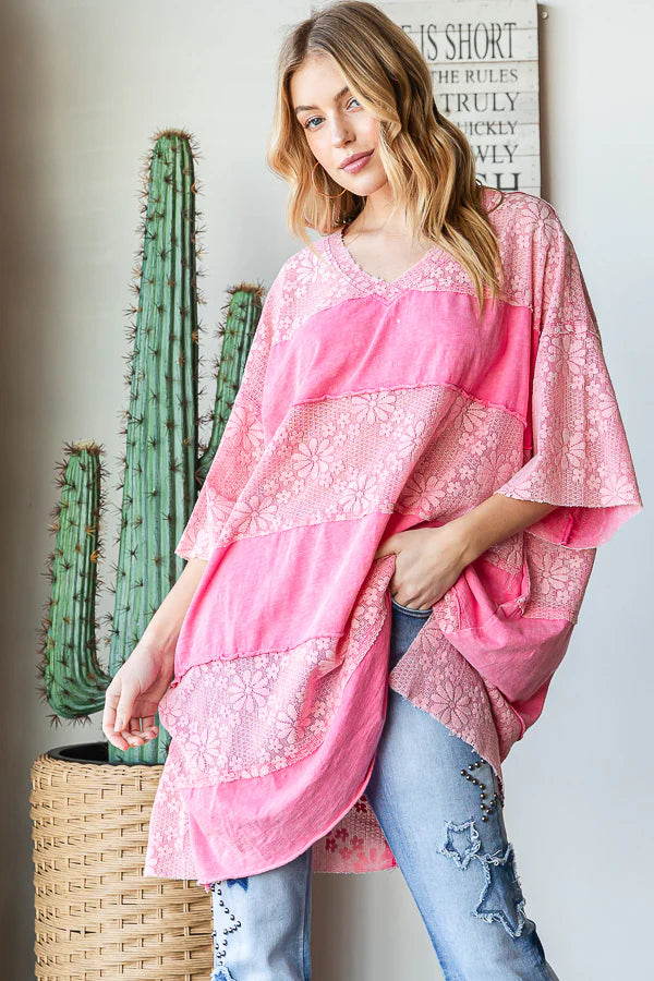 OLI & HALI Lace Mix Media Short Sleeve Frayed Hem Boxy Top Bubble Gum Pink