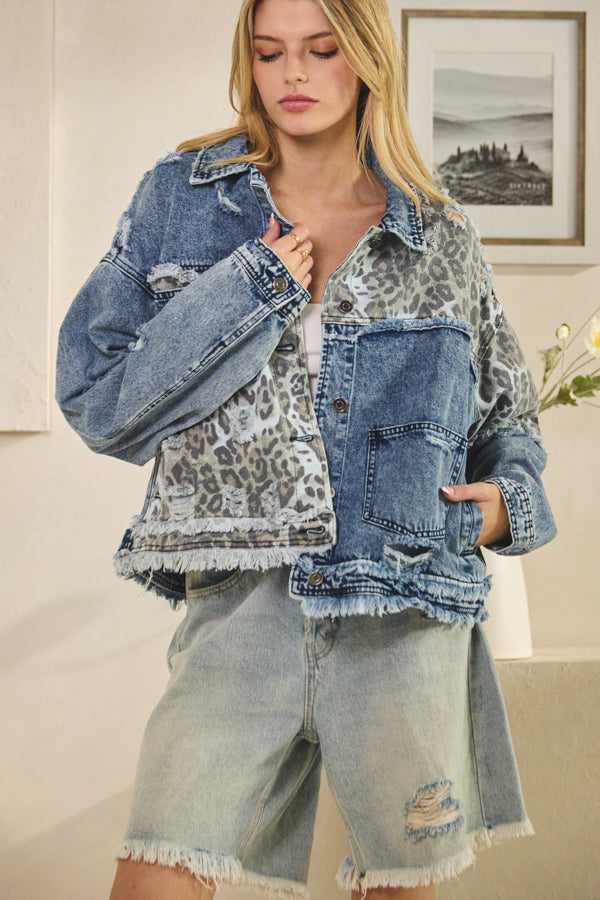 OLI & HALI Washed Leopard Denim Jacket