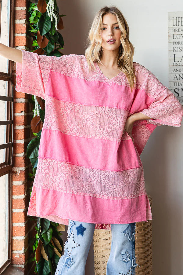 OLI & HALI Lace Mix Media Short Sleeve Frayed Hem Boxy Top Bubble Gum Pink