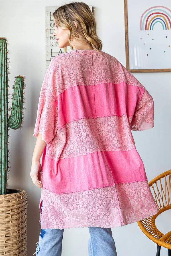 OLI & HALI Lace Mix Media Short Sleeve Frayed Hem Boxy Top Bubble Gum Pink