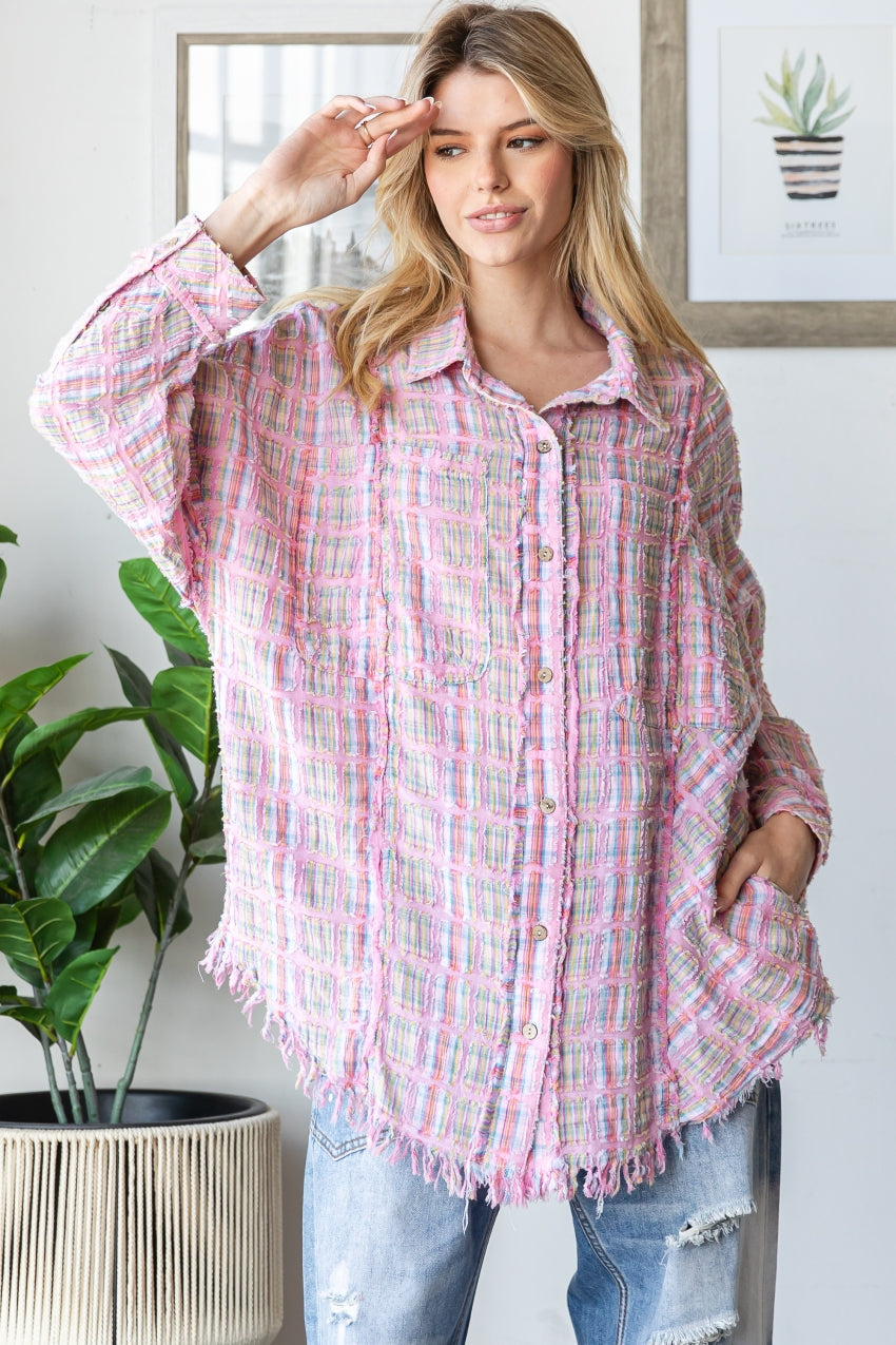 OLI & HALI Washed Plaid Mixed Button Down Top Pink