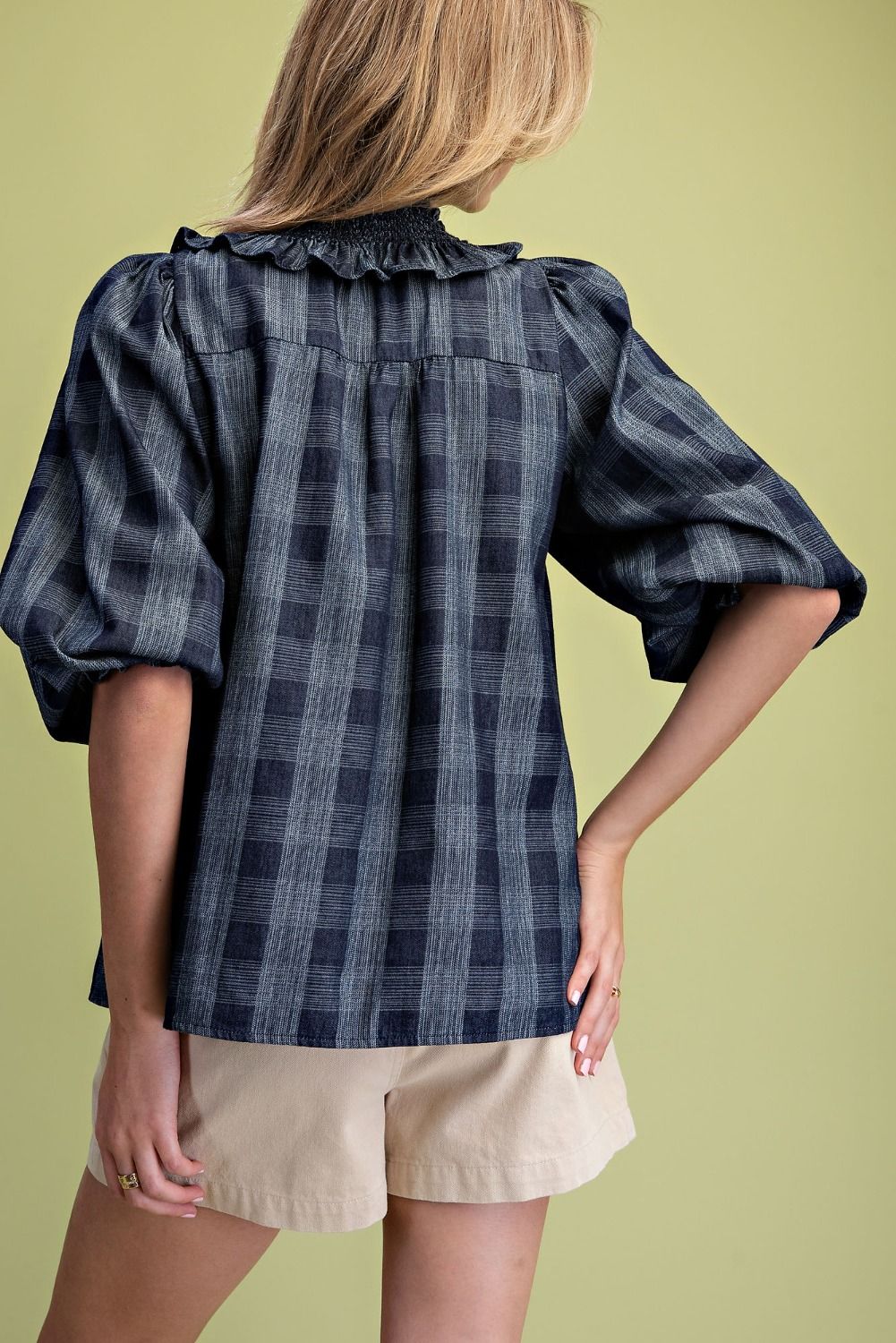 EASEL Dark Denim Plaid Ruffle Top