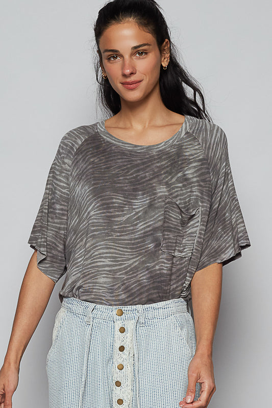 POL Short Sleeve Pocket Top Grey Zebra