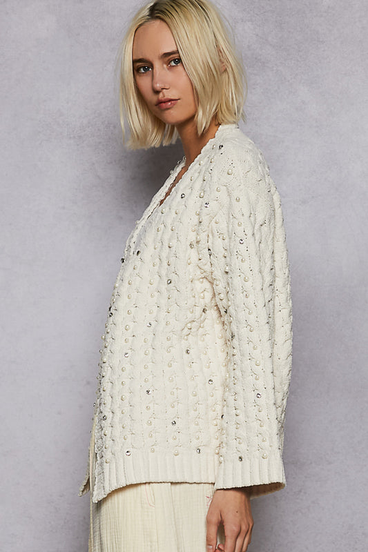 POL Pearl Crystal Open Cardigan Powder Cream