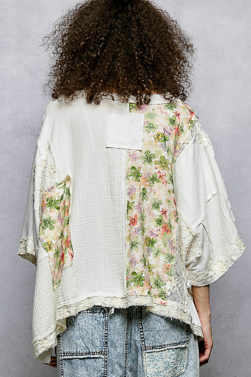 POL Off White Floral Patchwork Top