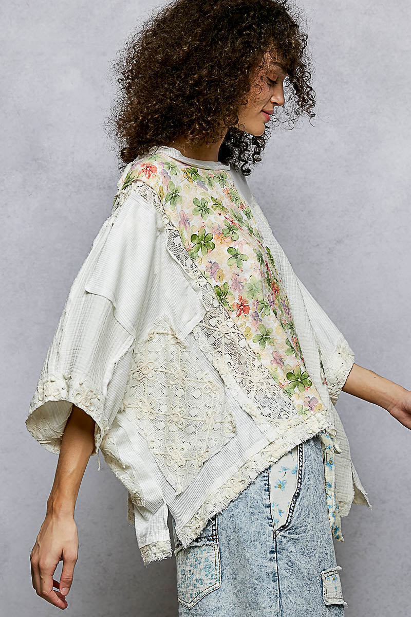 POL Off White Floral Patchwork Top