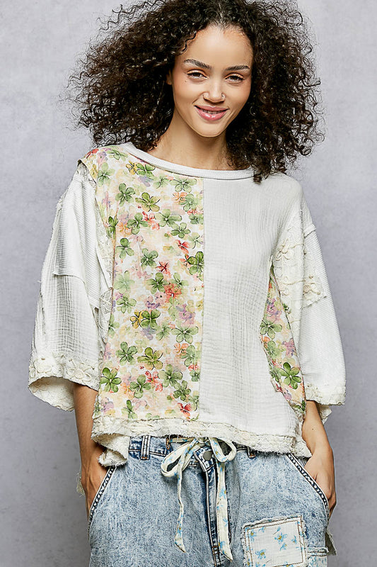 POL Off White Floral Patchwork Top