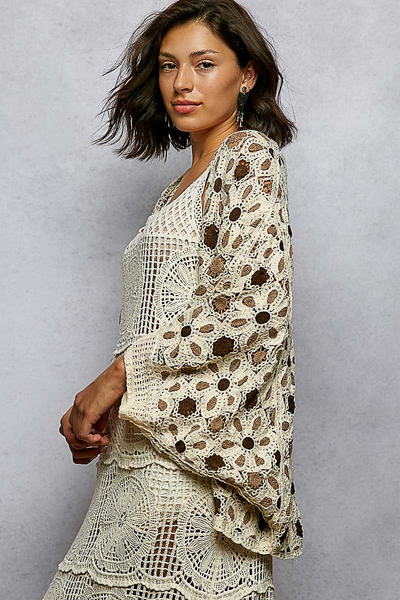 POL Grey Floral Crochet Cardigan