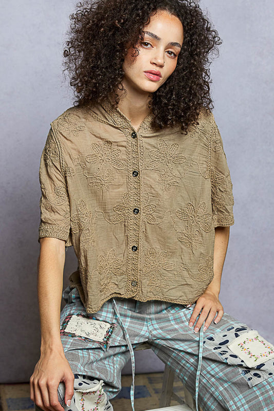 POL Taupe Crochet Hooded Top