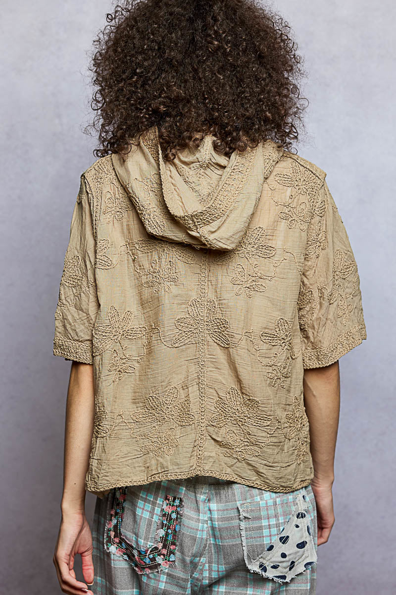 POL Taupe Crochet Hooded Top