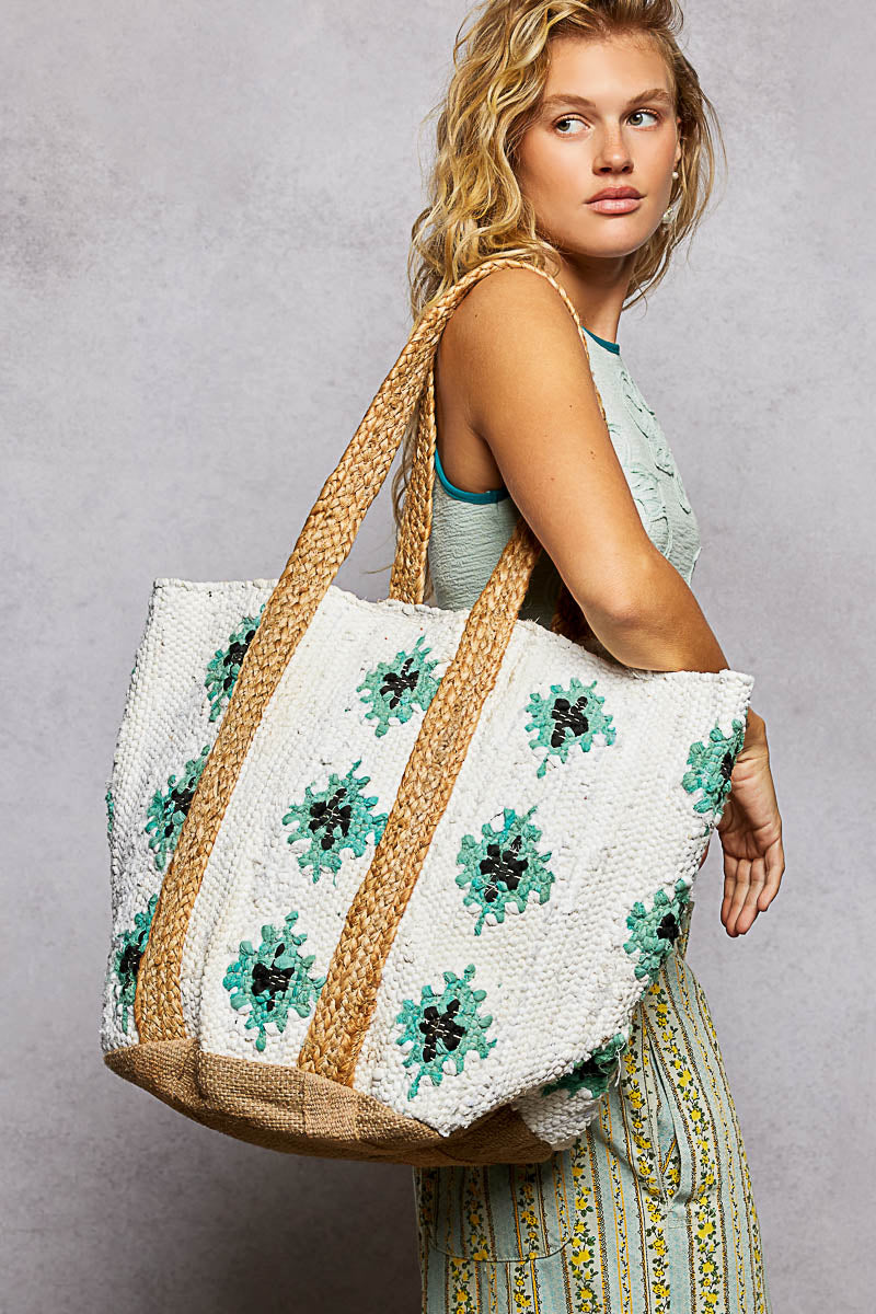 POL Ivory/Teal Crochet Weave Tote Bag