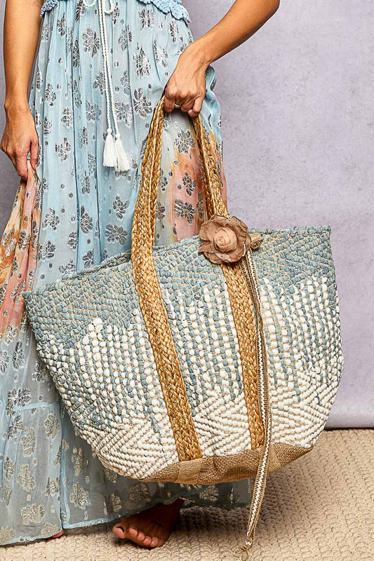 POL Ivory/Sky Crochet Weave Tote Bag
