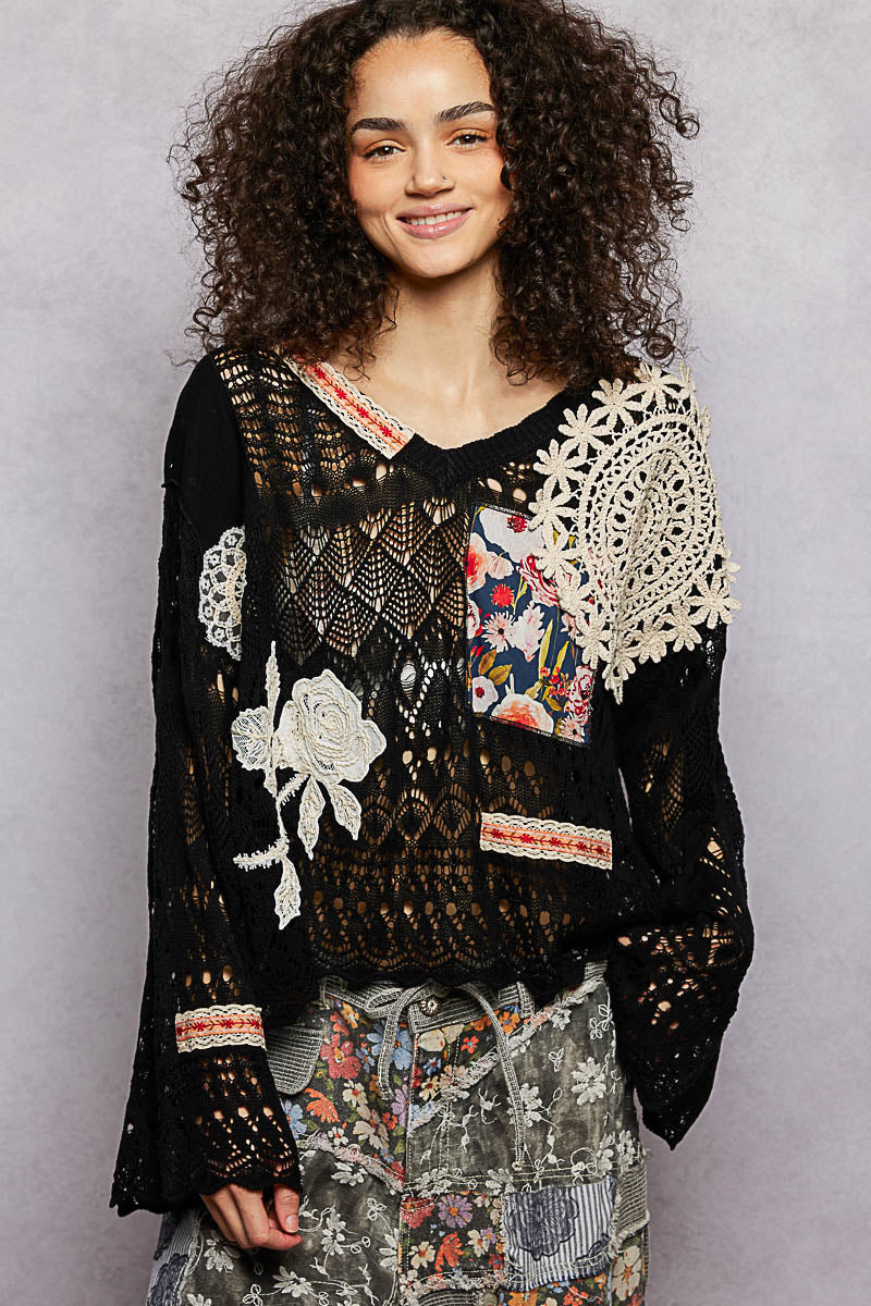 POL Black Crochet LS Top
