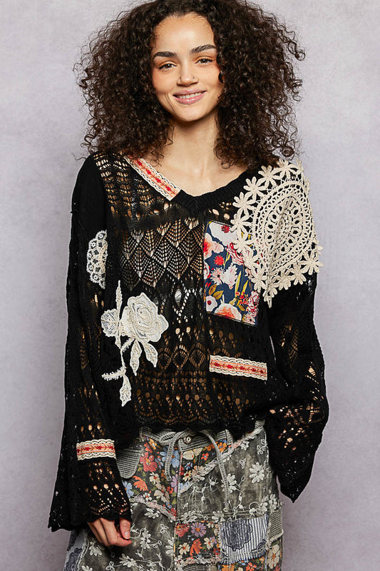 POL Black Crochet LS Top