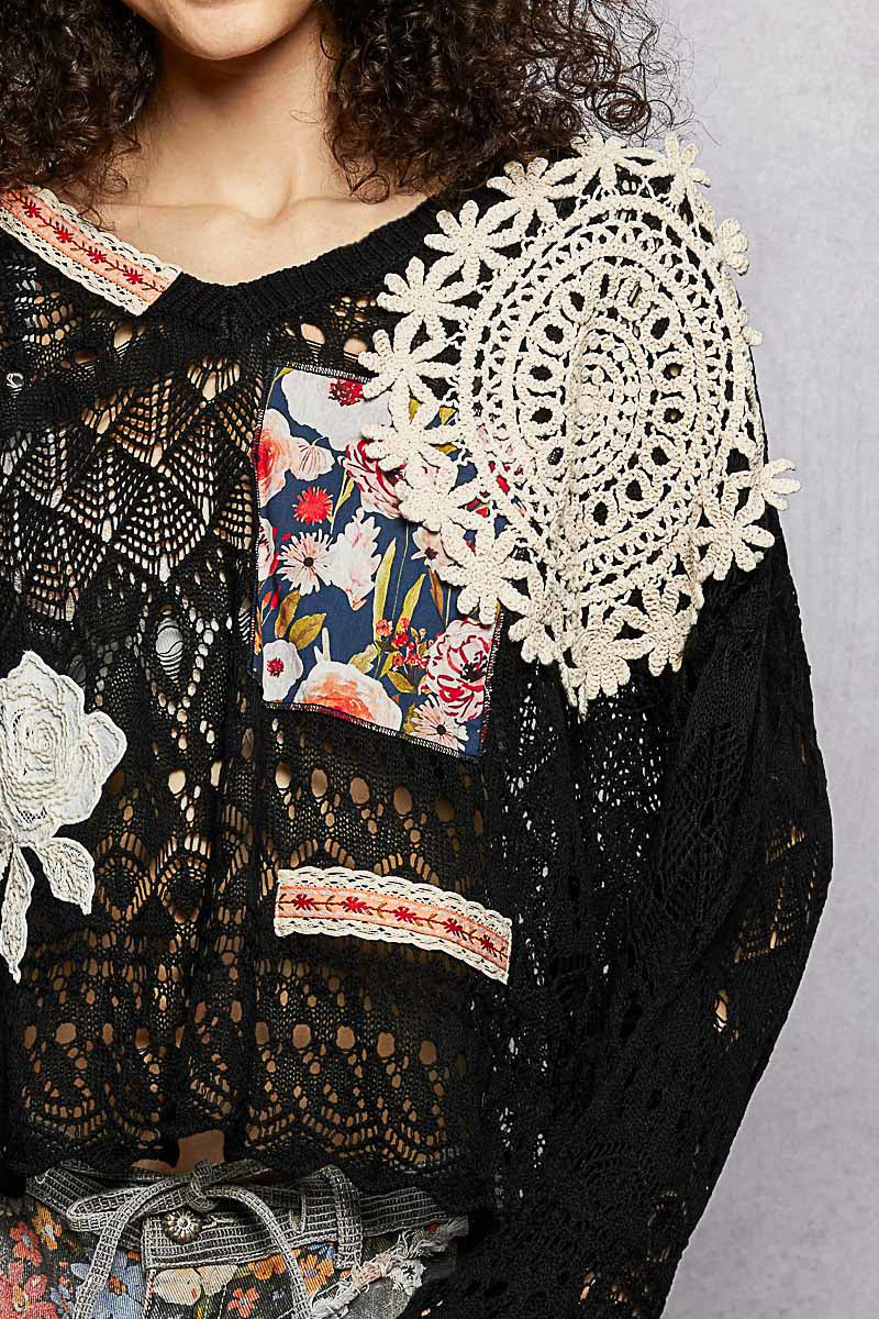 POL Black Crochet LS Top