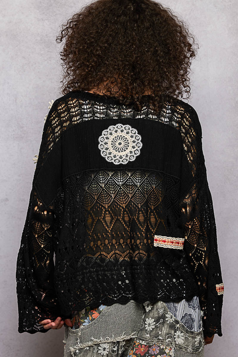 POL Black Crochet LS Top