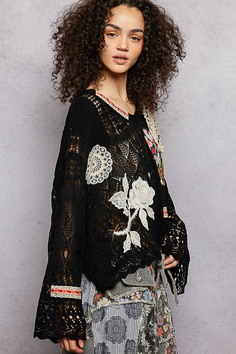 POL Black Crochet LS Top