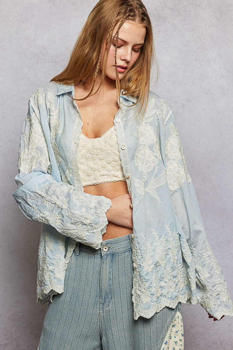 POL Sky Blue Embroidered Top
