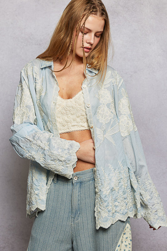 POL Sky Blue Embroidered Top
