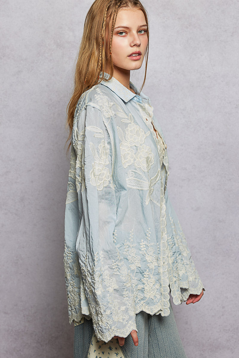 POL Sky Blue Embroidered Top