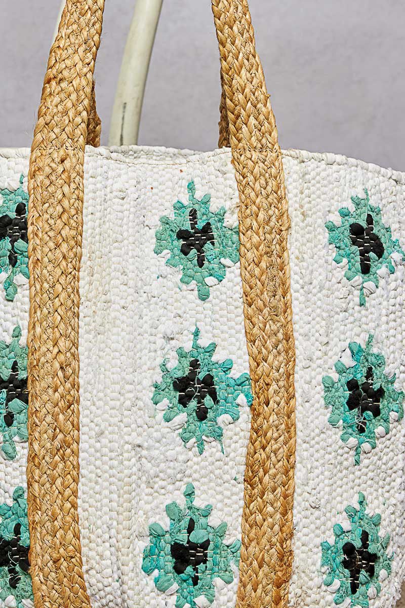 POL Ivory/Teal Crochet Weave Tote Bag
