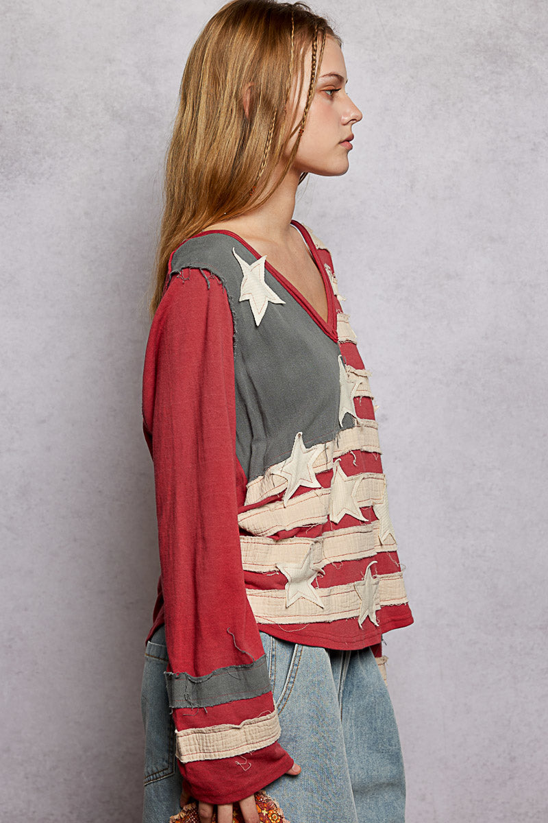 POL Flag Long Sleeve Patchwork Top
