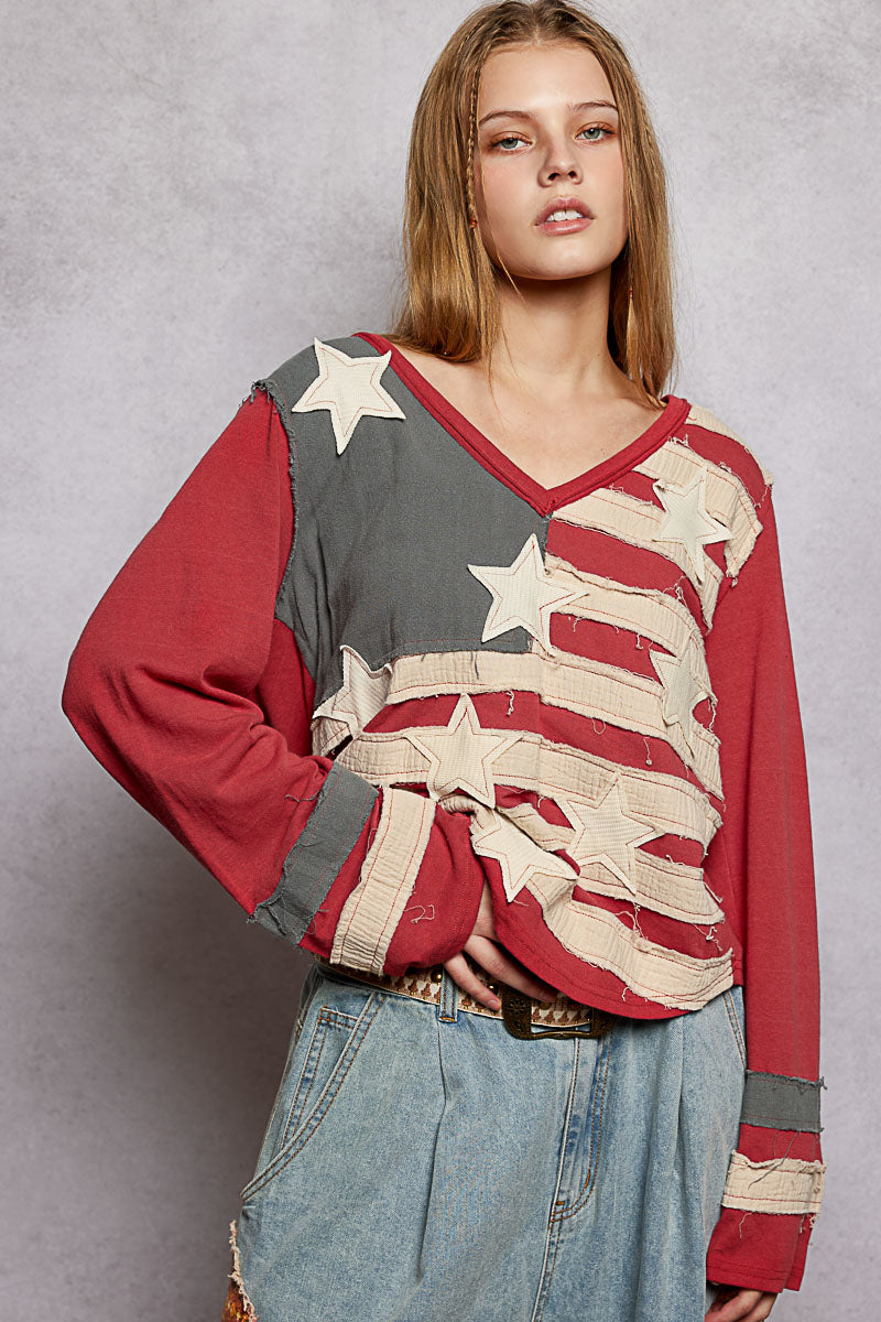 POL Flag Long Sleeve Patchwork Top