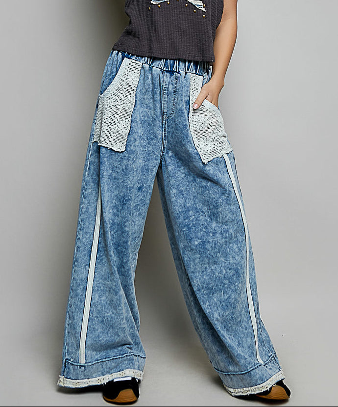 POL Denim Print Cotton Stripe Pants