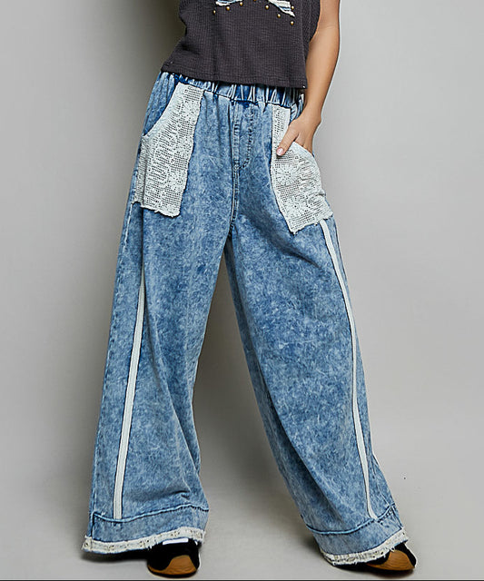 POL Denim Print Cotton Stripe Pants