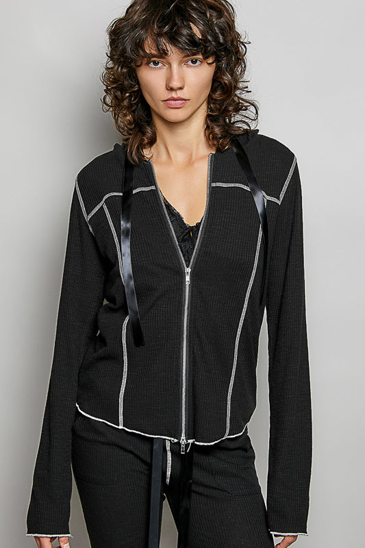 POL Black Ribbed Knit Zip Up Jacket