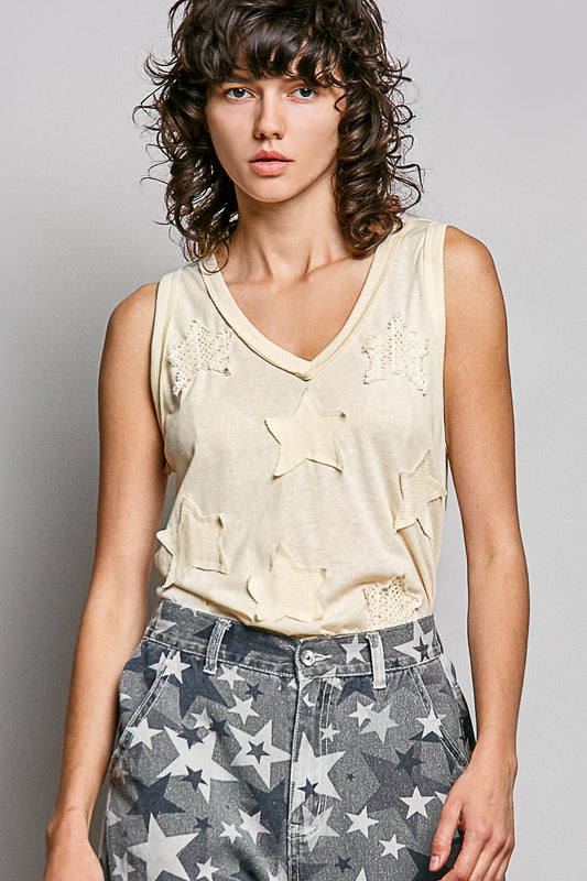 POL Cream Star Patchwork Tank