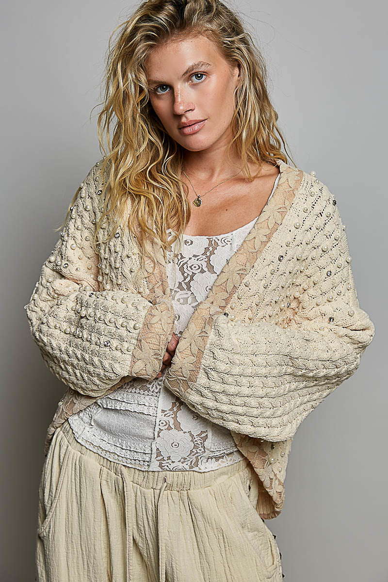 POL Powder Cream Crystal Pearl Cardigan