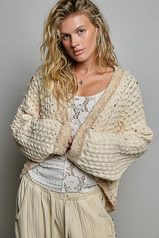 POL Powder Cream Crystal Pearl Cardigan