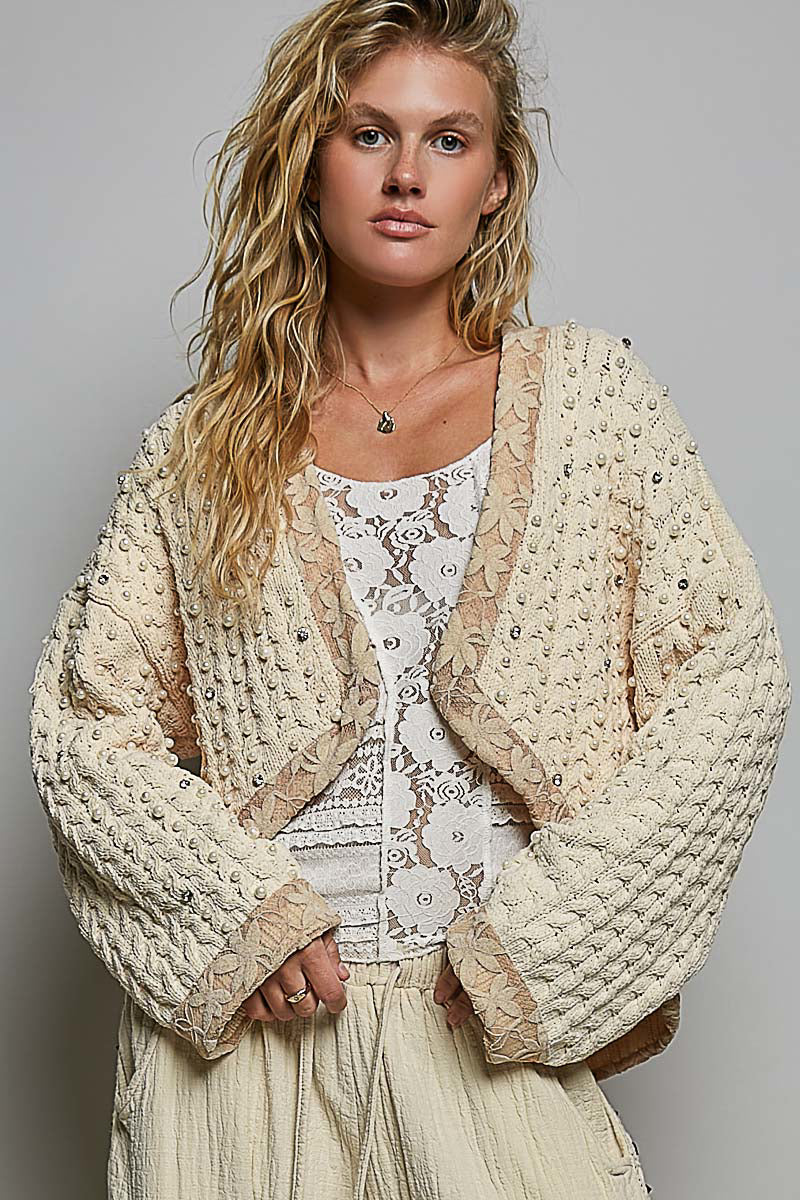POL Powder Cream Crystal Pearl Cardigan