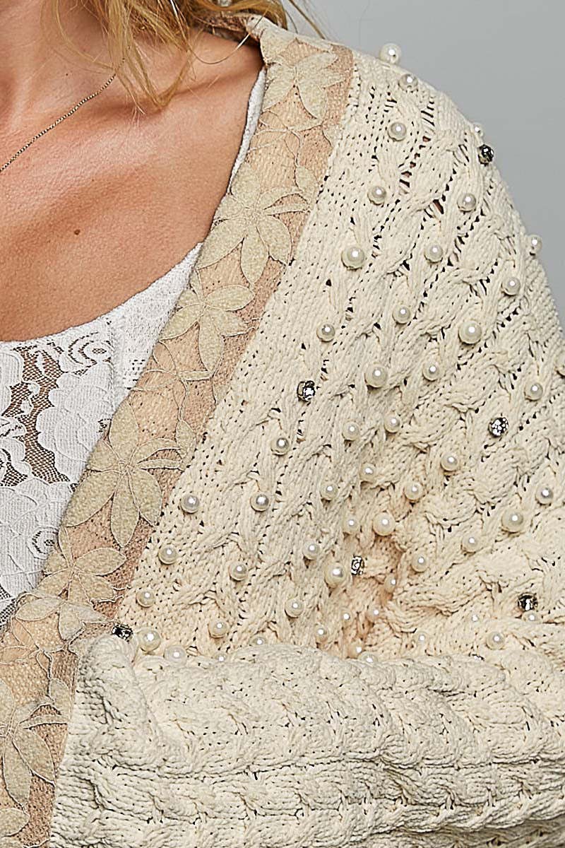 POL Powder Cream Crystal Pearl Cardigan