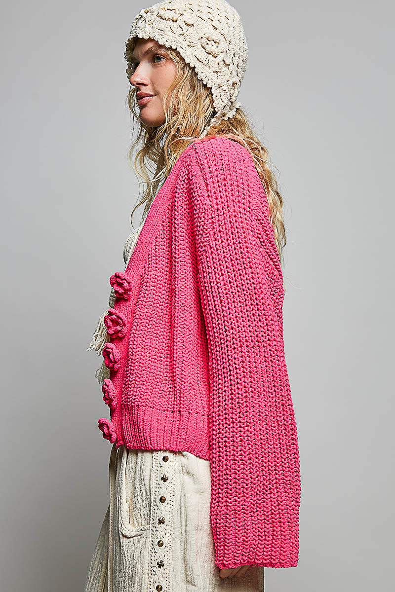 POL Fuchsia Pink Floral Button Cardigan