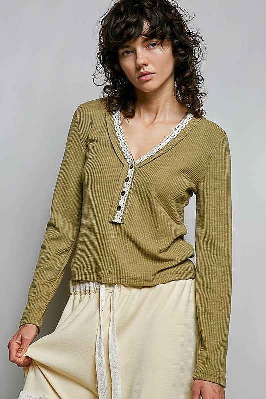 POL Olive Ribbed Knit LS Top