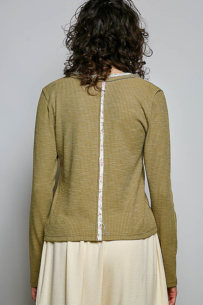 POL Olive Ribbed Knit LS Top
