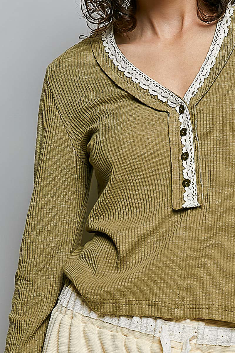 POL Olive Ribbed Knit LS Top