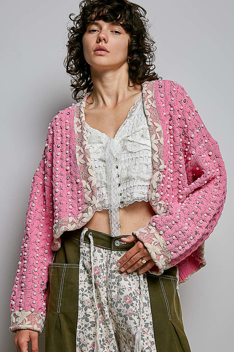 POL Peony Pink Crystal Pearl Cardigan