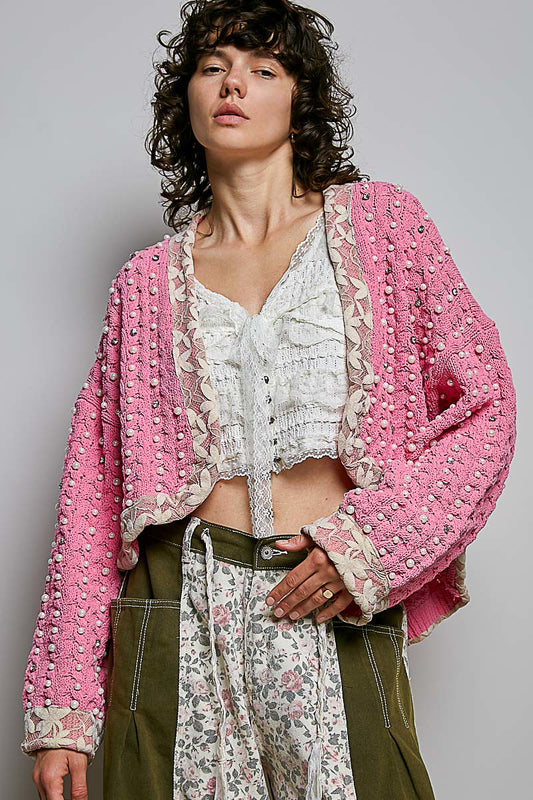 POL Peony Pink Crystal Pearl Cardigan