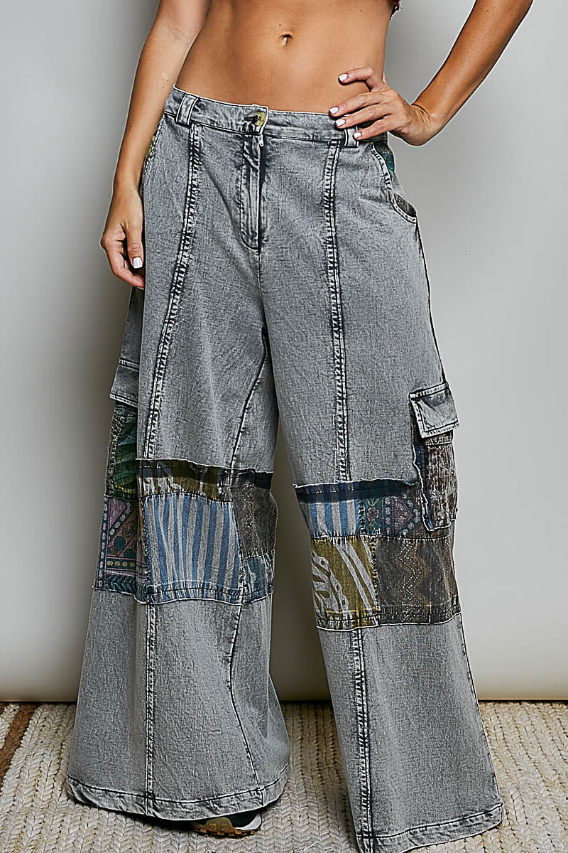POL Charcoal Wide Leg Patch Pants