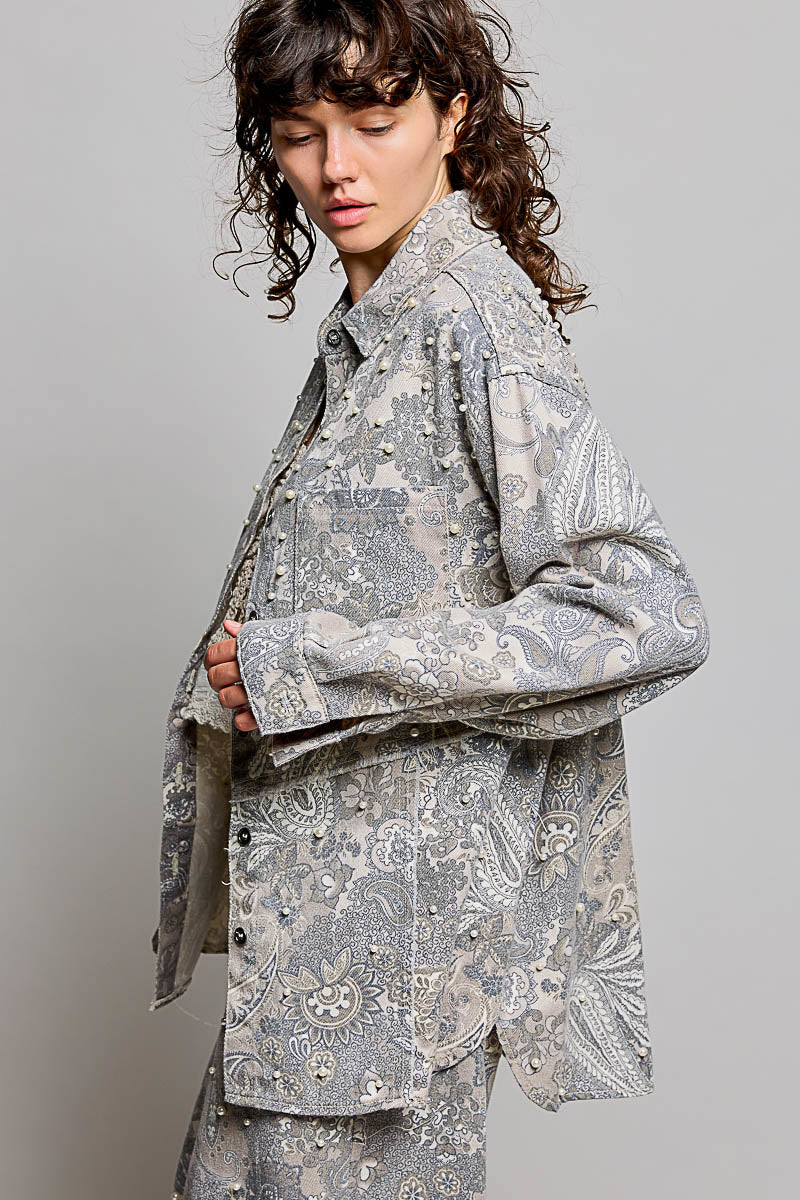 POL Sand Paisley Pearl Button Down Top