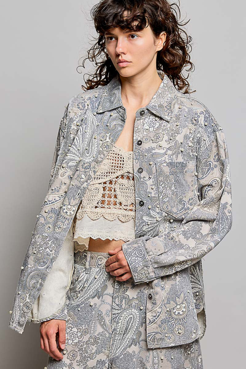 POL Sand Paisley Pearl Button Down Top