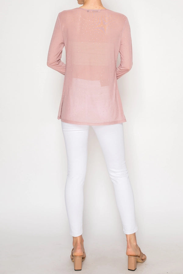 ORIGAMI Sparkly Sheer Mesh Top Pink
