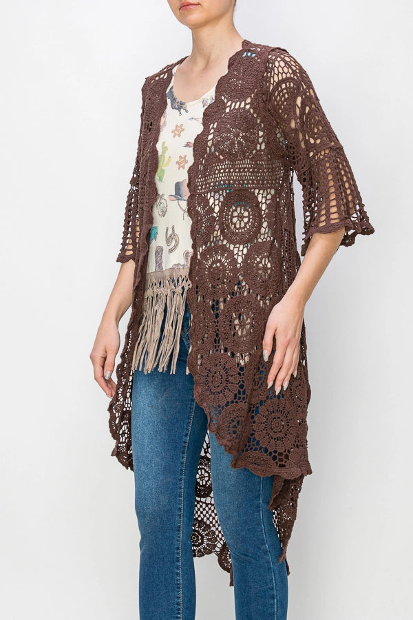 ORIGAMI Brown High Low Crochet Cardigan