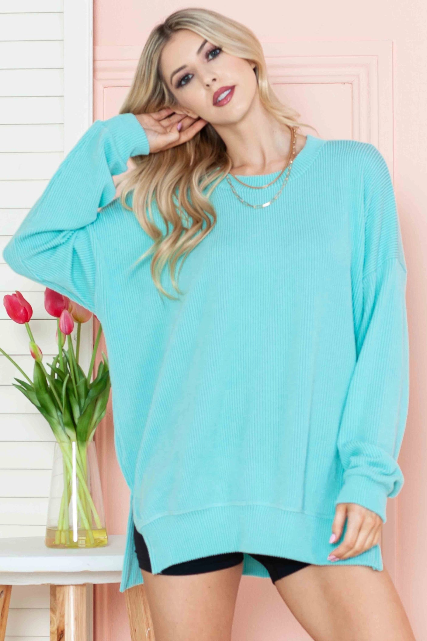 MagicFit Wave Rib Oversized Sweatshirt with Side Slit Turquoise