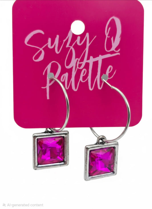 Square Hot Pink Crystal Earrings
